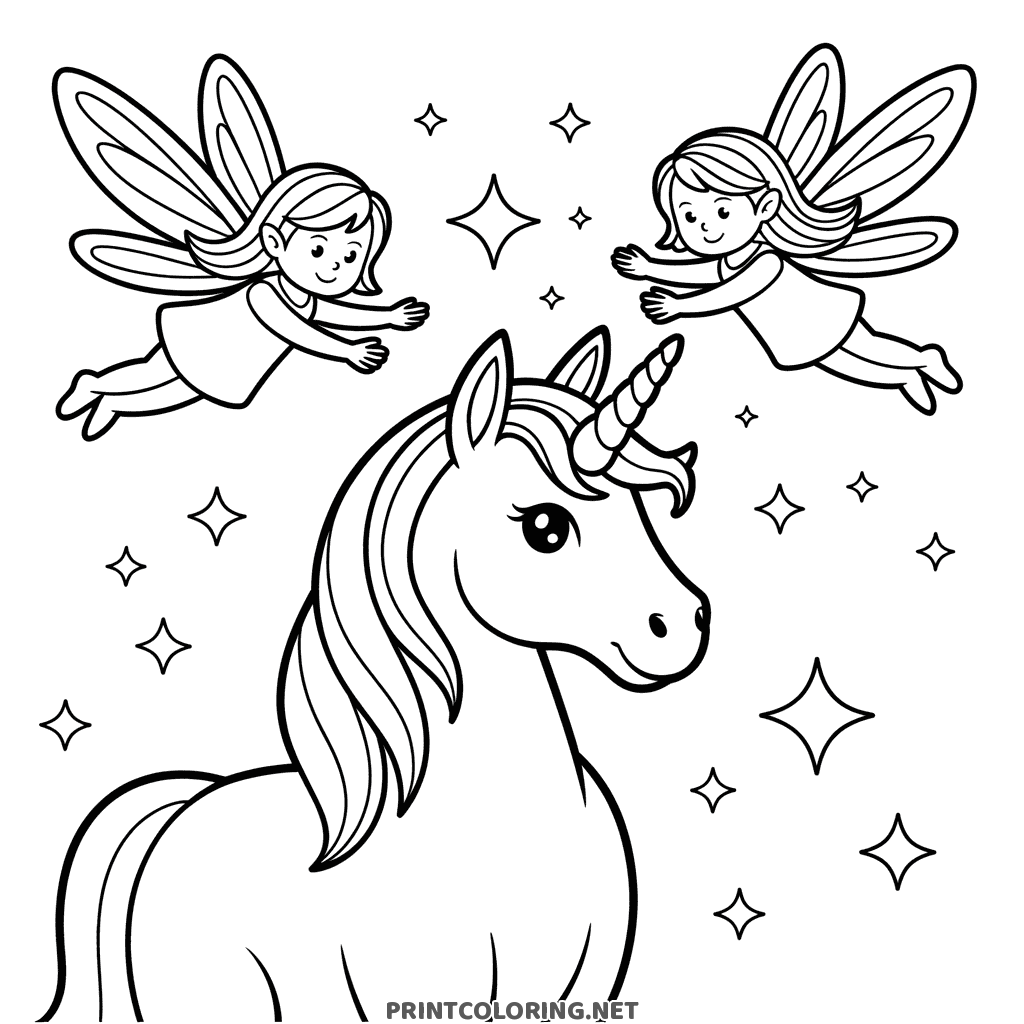 Unicorn and fairies coloring page with two fairies flying among scattered sparkles