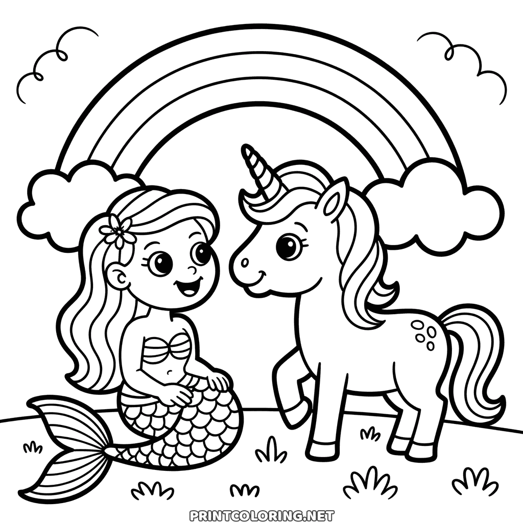 Unicorn and mermaid coloring page: a little mermaid and a unicorn under a rainbow