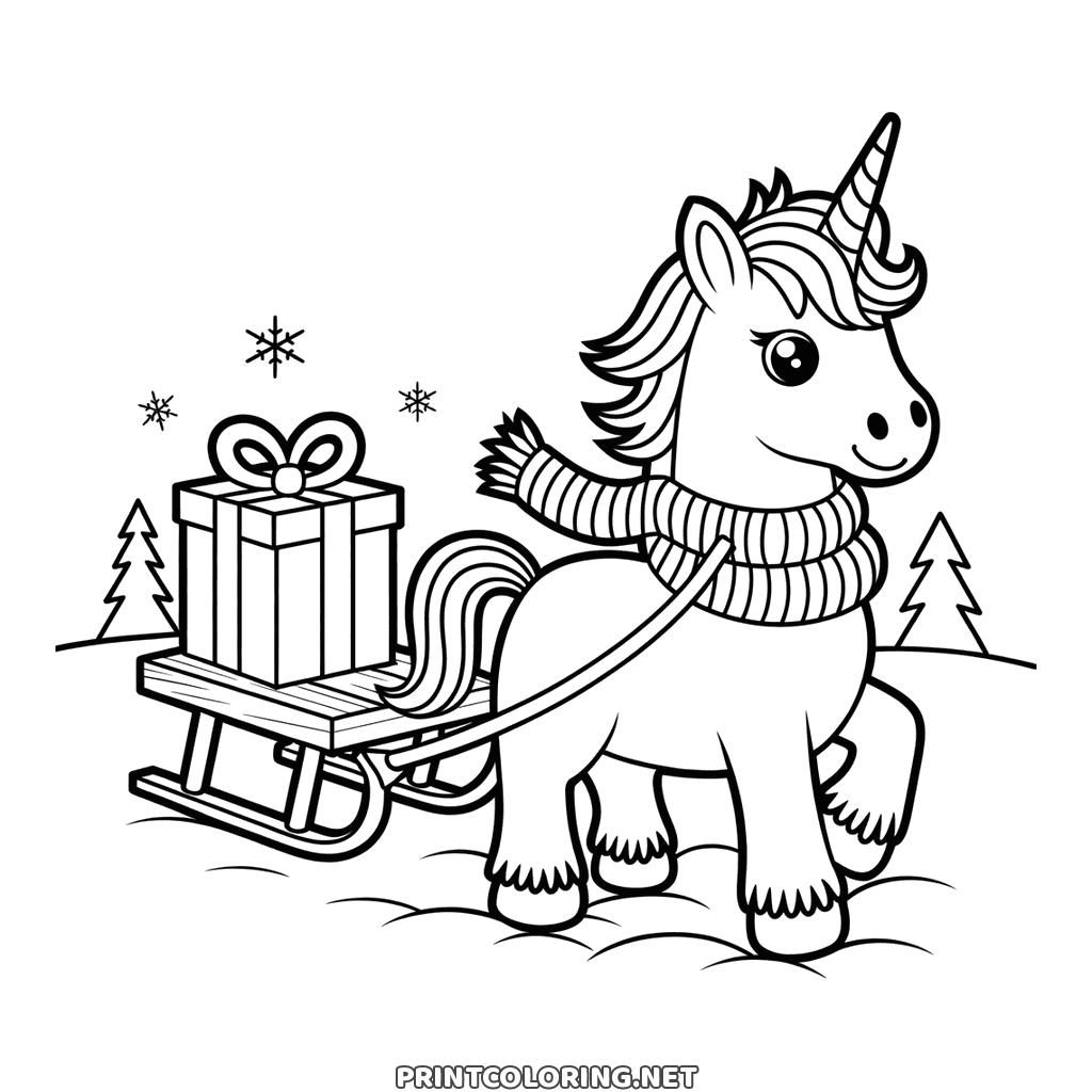 Unicorn Christmas coloring page: a unicorn in a scarf pulling a sleigh of presents