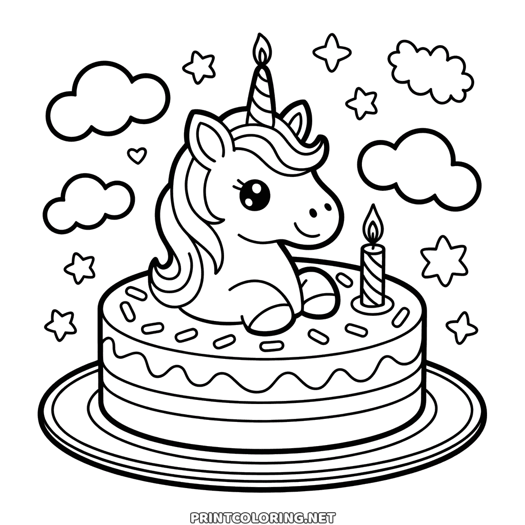 Unicorn birthday cake coloring page with a lit candle, sprinkles, clouds and stars for kids