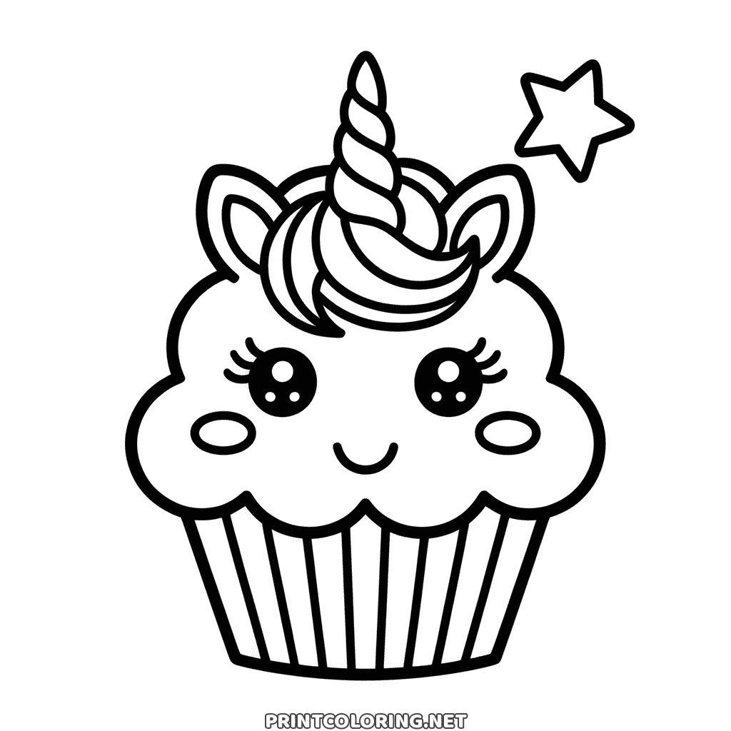 Easy unicorn cupcake coloring page: a smiling cupcake with a horn, ears and a swirl of mane