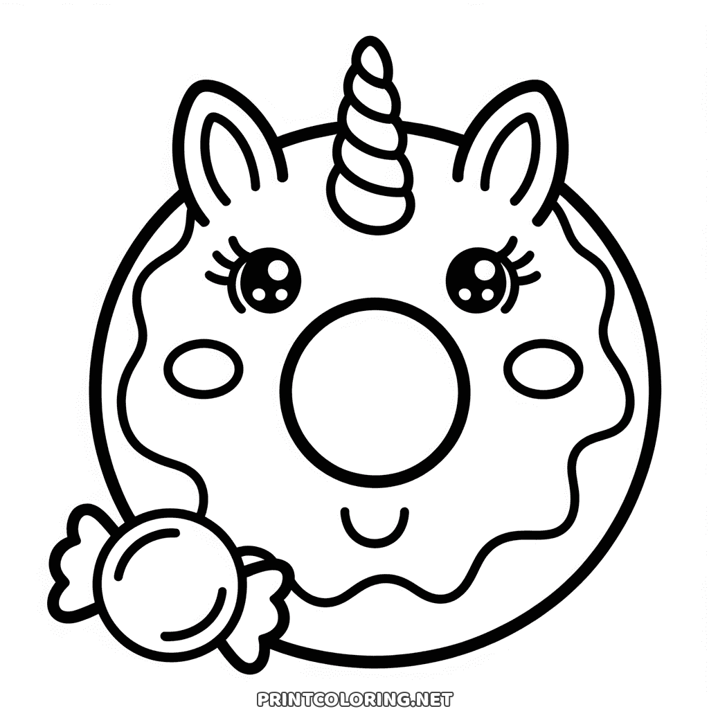 Kawaii donut with a unicorn face, spiral horn and ears, a wrapped sweet beside, unicorn coloring page
