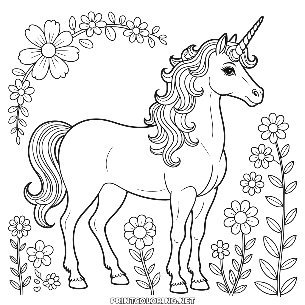 Realistic unicorn standing under an arch of blossoms, curly mane and flowers all around, unicorn coloring page
