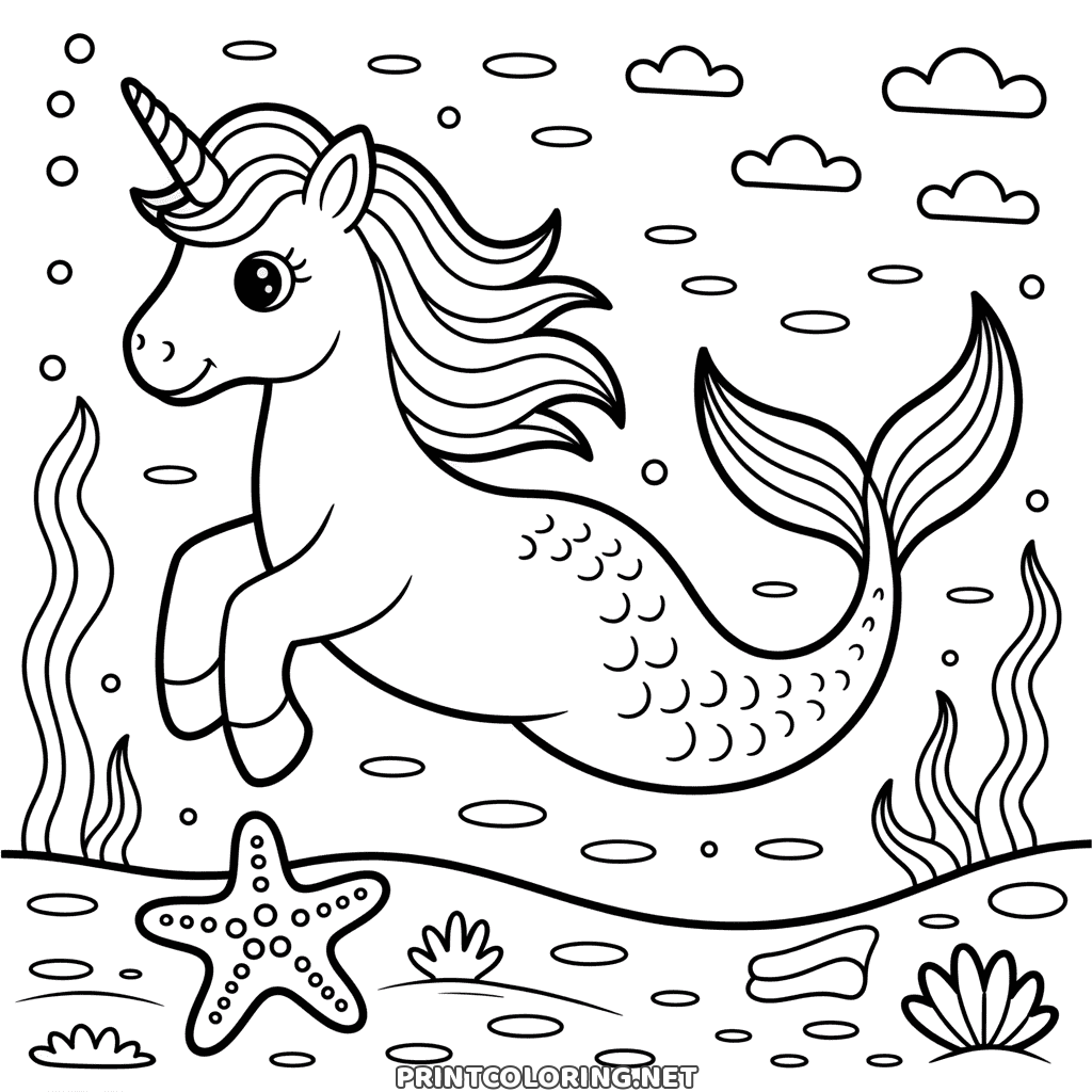 Unicorn mermaid coloring page: a unicorn with a fish tail swimming above a starfish