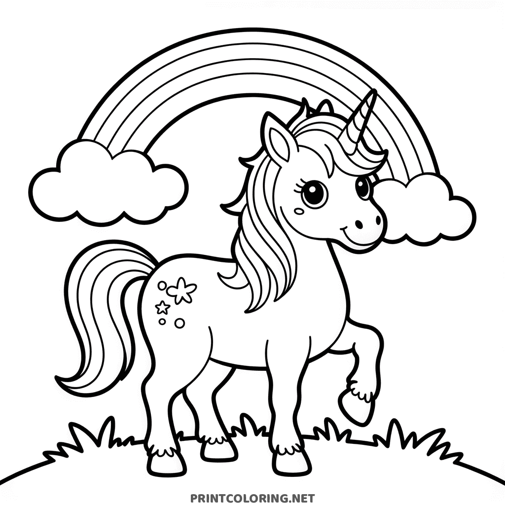 Unicorn coloring page trotting over a grassy hill with a rainbow arching overhead