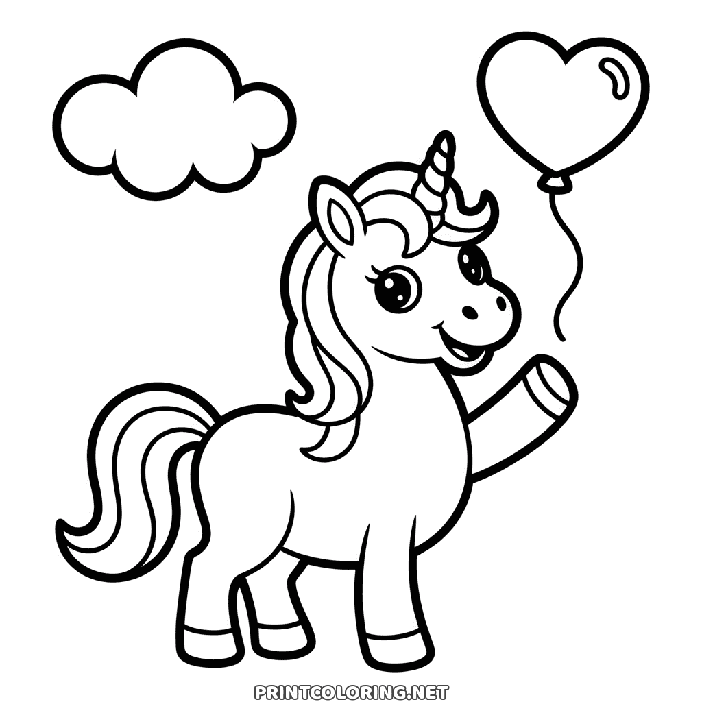A smiling unicorn lifting a hoof towards a heart balloon, a cloud behind, easy unicorn coloring page