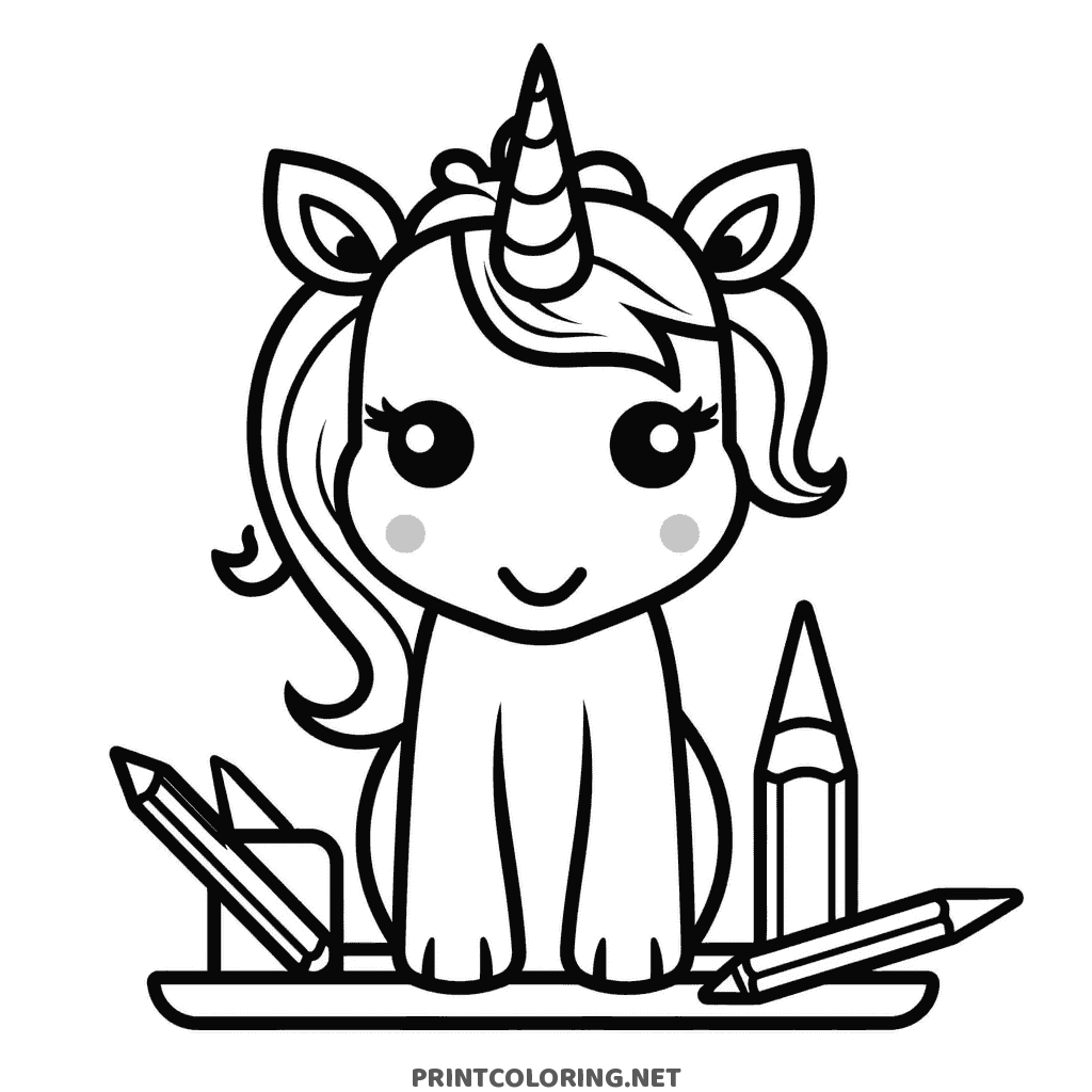 Unicorn coloring page sitting between two colored pencils on an art desk