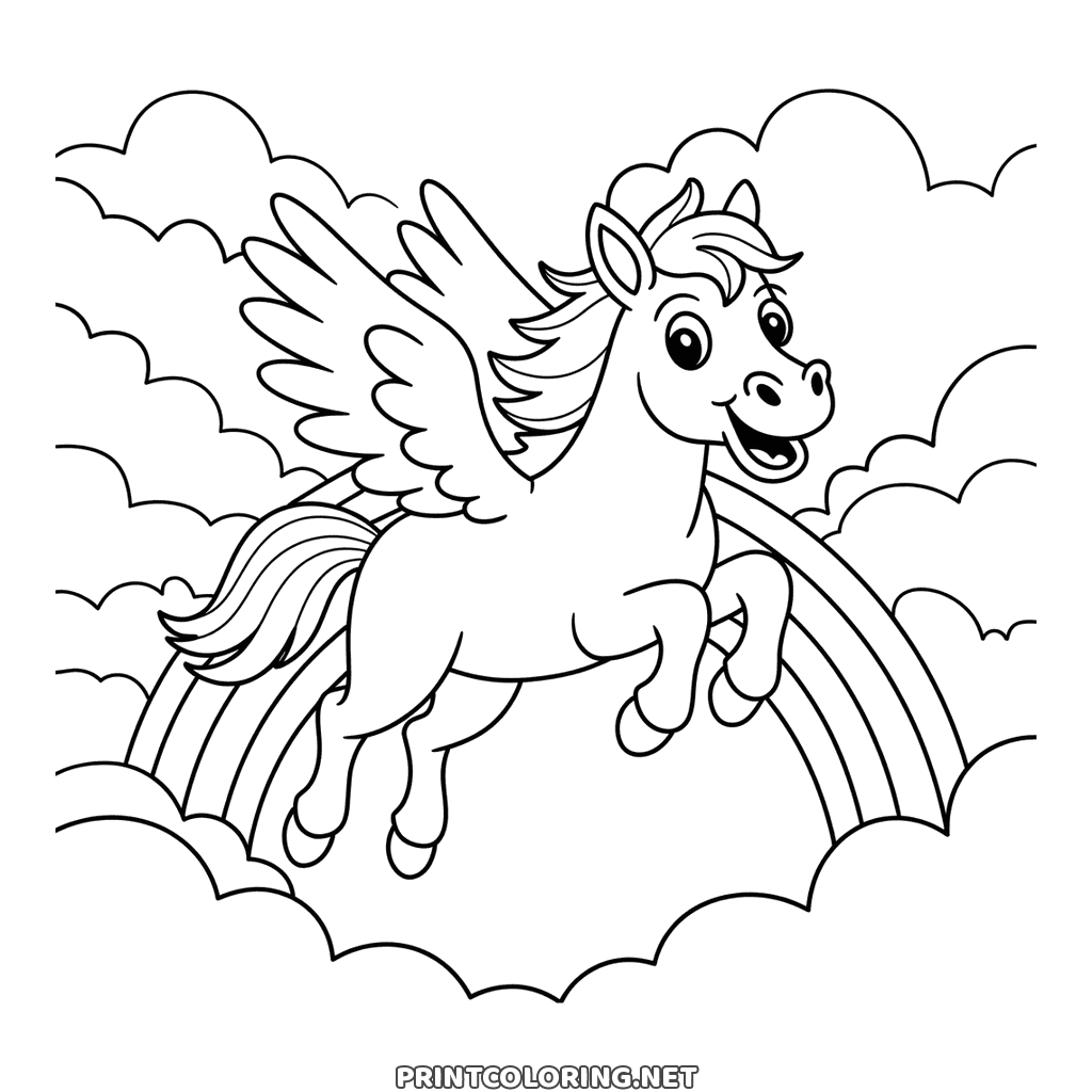 Flying over a rainbow with clouds all around, printable winged horse page to color