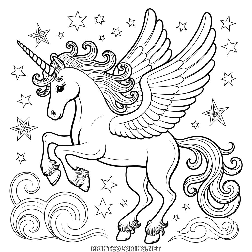 Winged unicorn rearing up with its wings spread among stars, a detailed unicorn coloring page