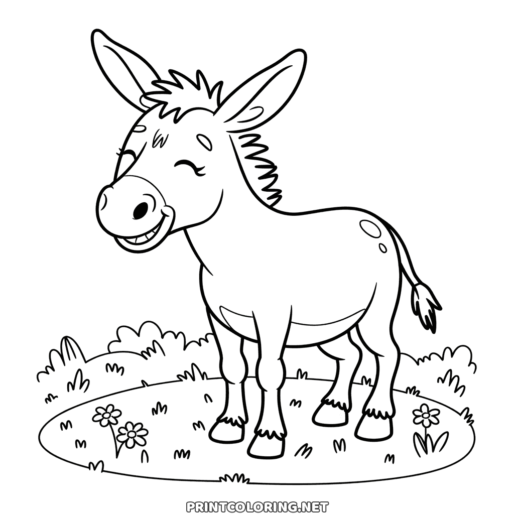 Happy donkey with its eyes squeezed shut in a grin, standing among daisies on a cute coloring page