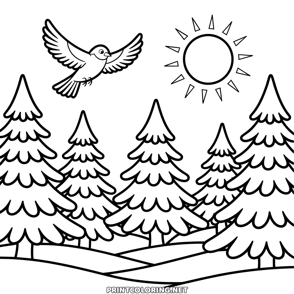 Snowy fir trees on rolling hills under a bright sun, a winter landscape coloring page with a flying bird