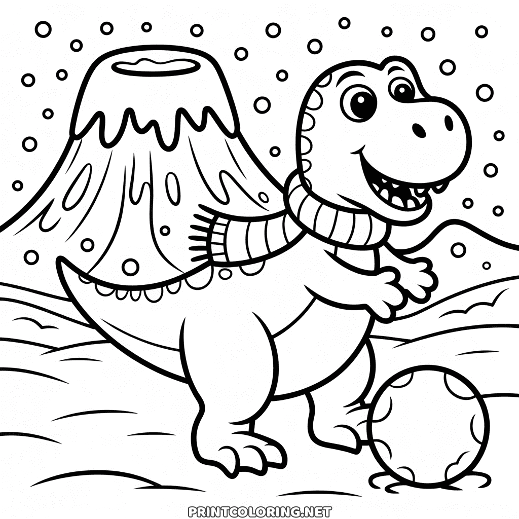 Funny dinosaur coloring page for winter: a T-rex in a scarf by a ball and a snow-capped volcano