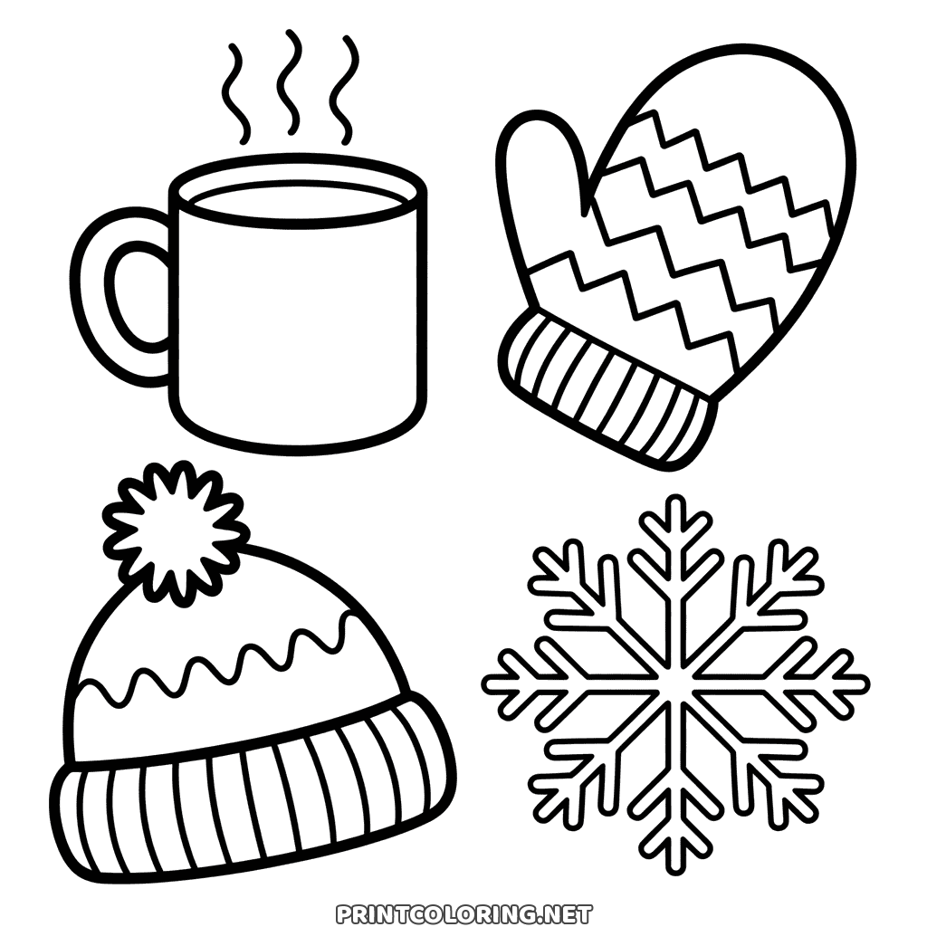 Winter doodles coloring page with a steaming mug, a zigzag mitten, a bobble hat and a snowflake