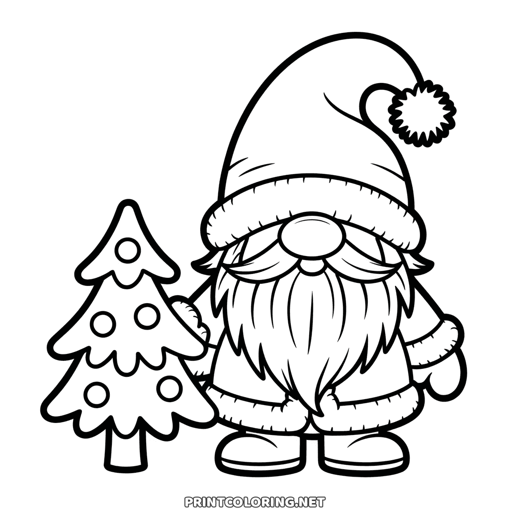 Gnome coloring page: a bearded winter gnome in a tall pompom hat beside a little decorated tree
