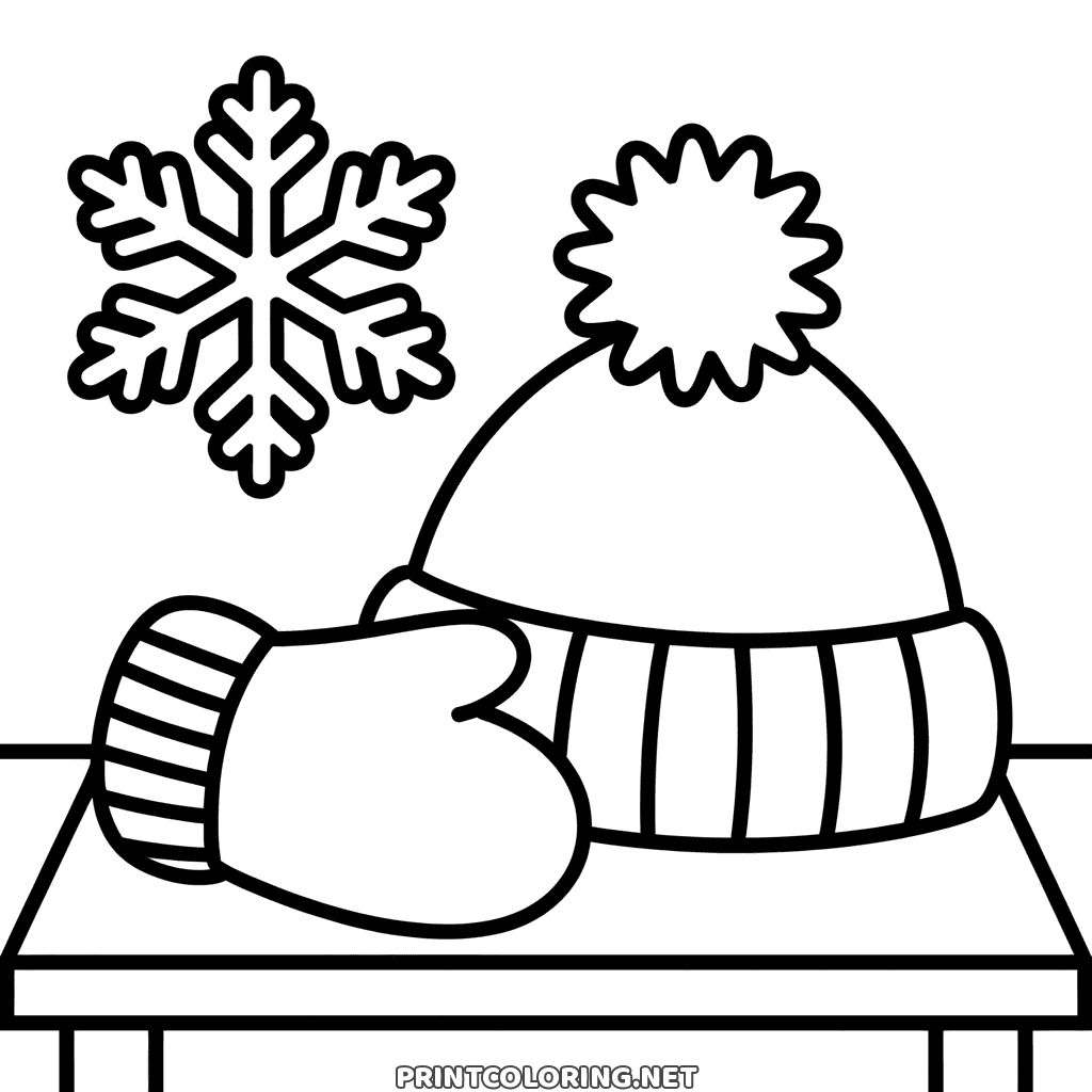 Bobble hat and mitten coloring page for toddlers, with thick lines on a table under a big winter snowflake
