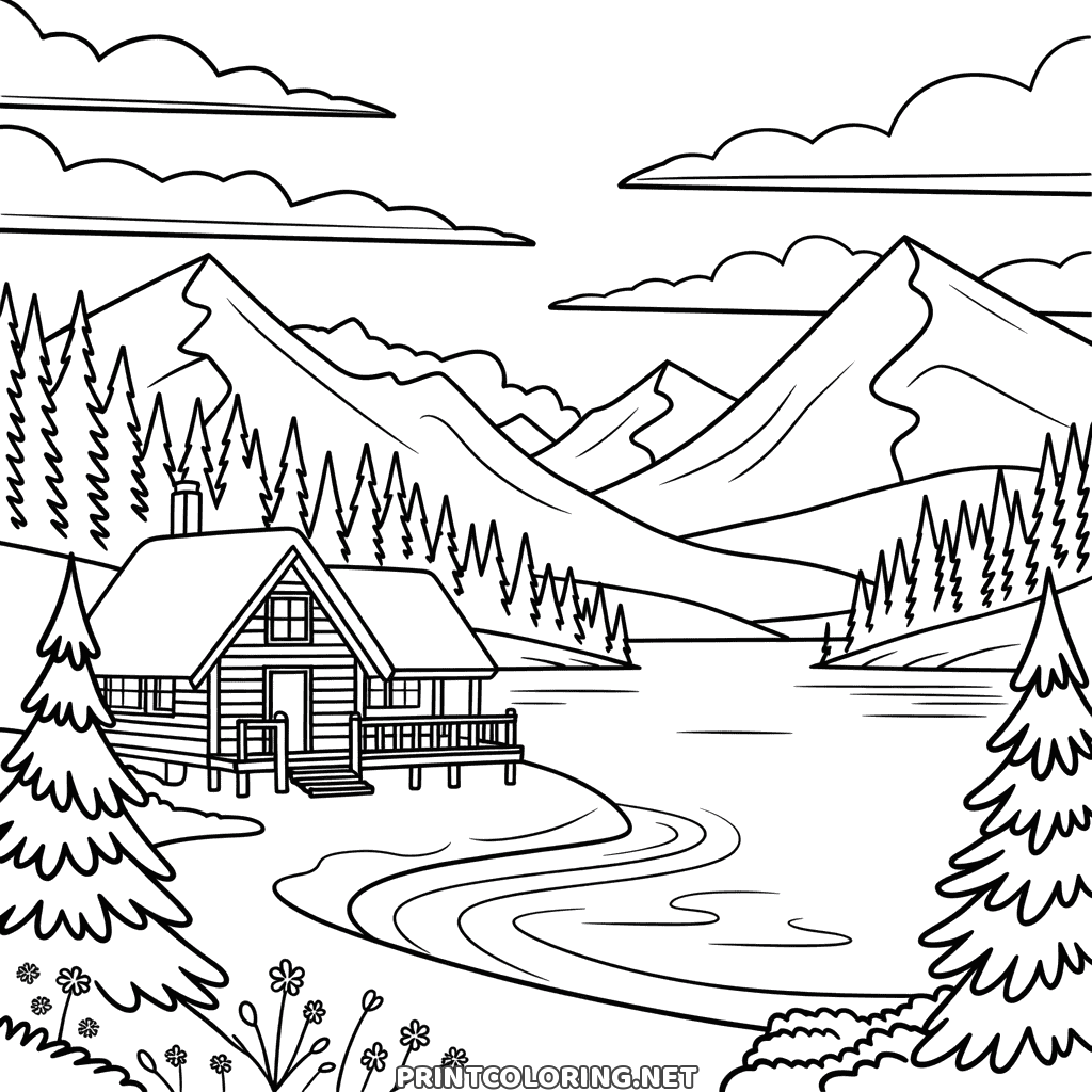 Coloriage paysage d'hiver pour adultes : un chalet au bord d'un lac sous les montagnes enneigées