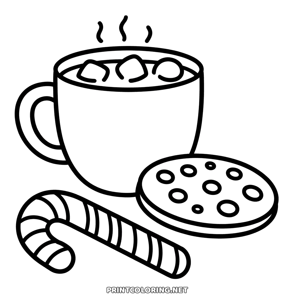Winter treats coloring page with a mug of hot cocoa and marshmallows, a chocolate chip cookie and a candy cane