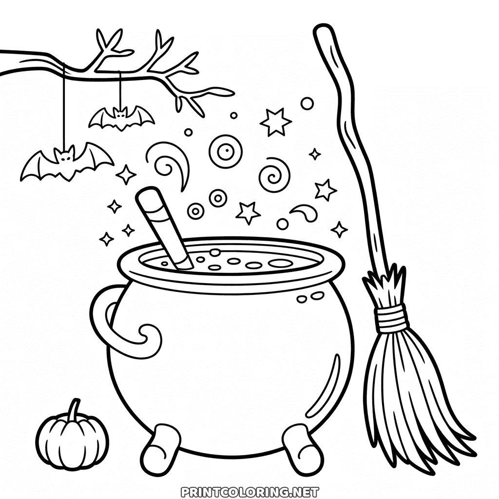 Halloween cauldron and broom coloring page with two little bats dangling from a bare branch