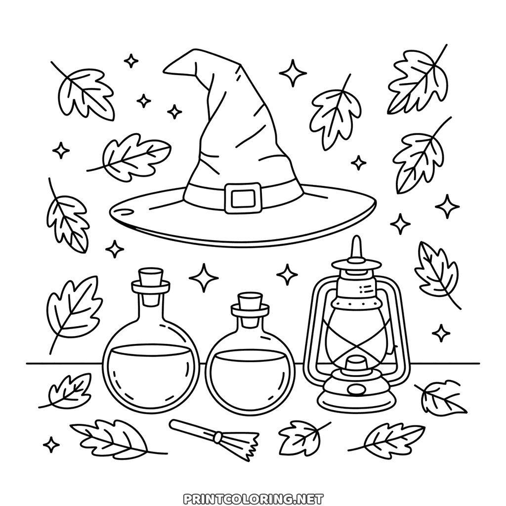 Halloween witch hat, two potion bottles and a lantern on a shelf, free printable to color