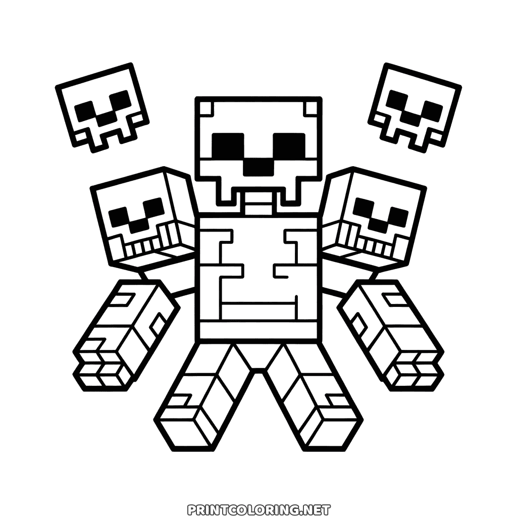 Minecraft Wither coloring page: the three-headed boss floating among skulls, arms spread