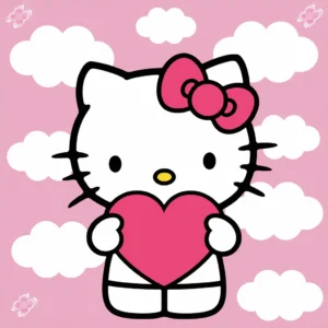 Hello Kitty holding a big heart balloon on a pink cloudy background, cover image for the Hello Kitty coloring pages collection