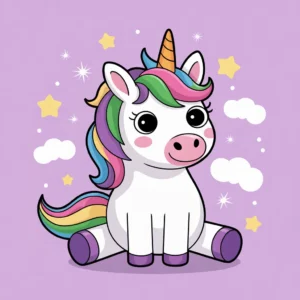 A colorful cartoon unicorn surrounded by stars, cover image for the Unicorn coloring pages collection