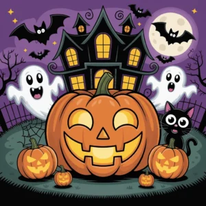 A grinning jack-o-lantern in front of a haunted house with bats and ghosts, cover image for the Halloween coloring pages collection